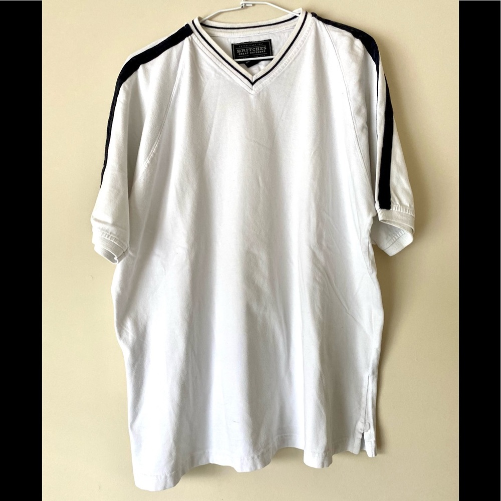 Britches Great Outdoors Men's V-Neck White Blue Cotton Shirt - L - Pre-owned